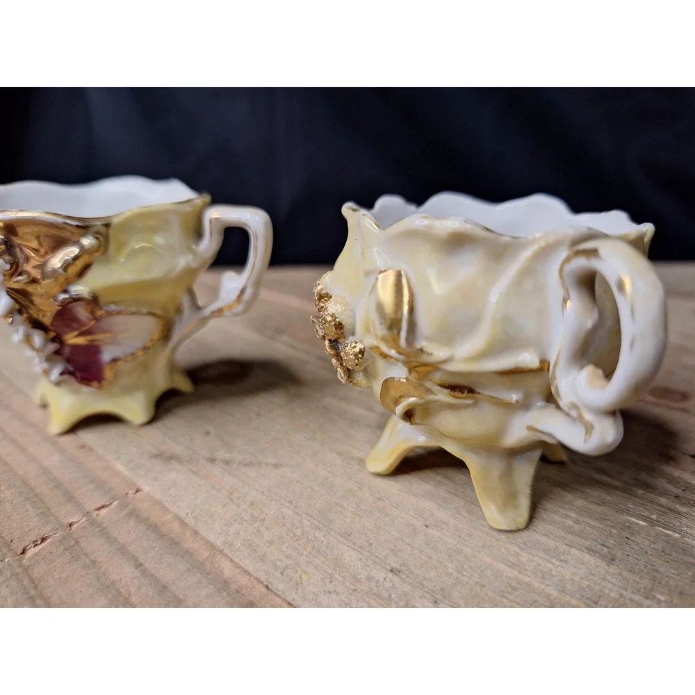 Vintage Footed Lusterware Porcelain Teacups Gold Gilt 3D Floral Applique Set / 2